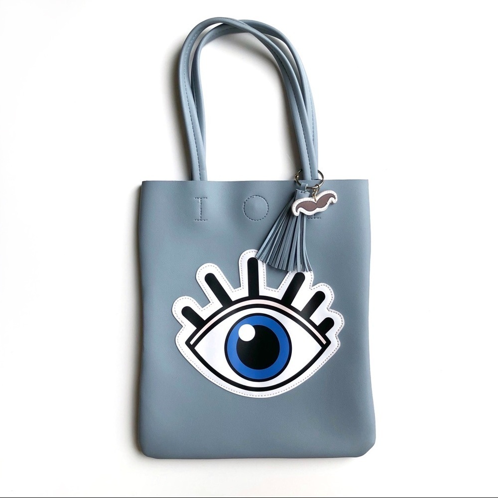 Gray Vegan Leather Tote Bag Large Evil Eye Appliqué Tassel Charm NWT Cute